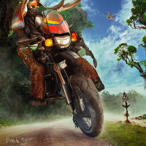 Prompt: digital art, trending on artstation, an adventurous motorcyclist passing through brush and wild animals and in the background a mayan temple with treasures.