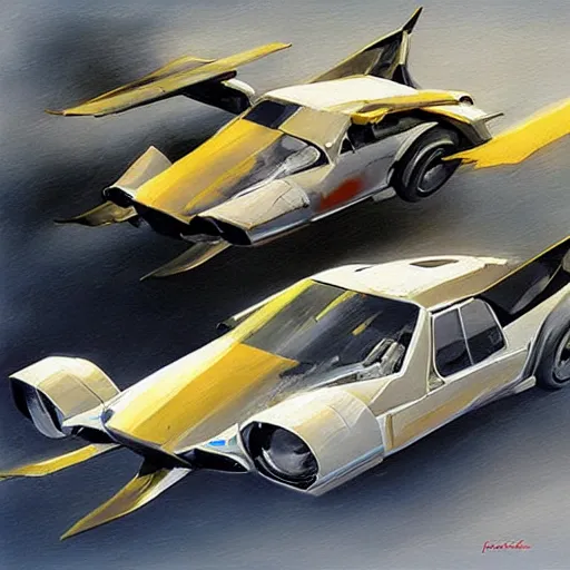 Prompt: minimalist flying car speed concept art oil painting by john berkey , loosely detailed, brush hard