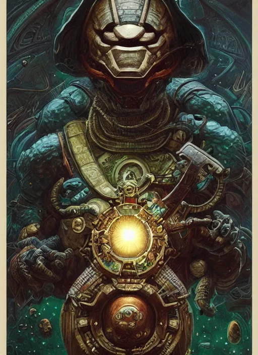 Prompt: nintendo spaceship mf doom reptile eyes, cosmic lsd poster art, intricate, elegant, highly detailed, centered, digital painting, artstation, concept art, smooth, sharp focus, illustration, artgerm, tomasz alen kopera, peter mohrbacher, donato giancola, joseph christian leyendecker, wlop, frank frazetta