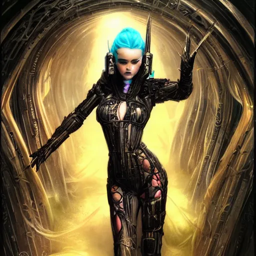 Image similar to a full body beautiful woman wearing a cyberpunk outfit by karol bak, ayami kojima, artgerm, sakimichan, hr giger, blue eyes, weapons, electronics, high tech, concept art, fantasy