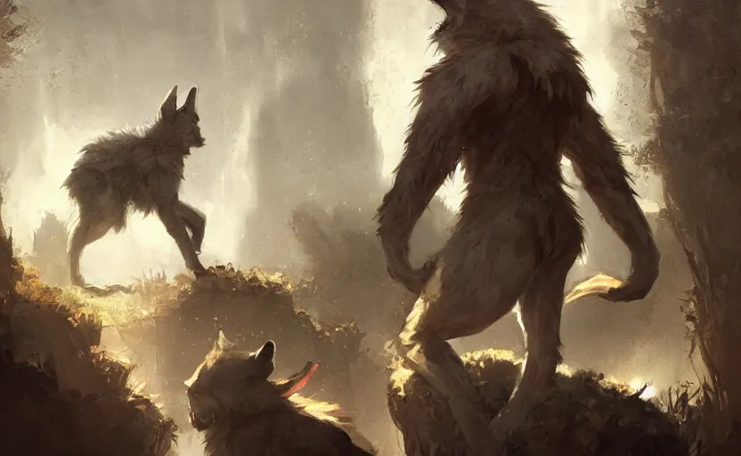 Image similar to A painting of cabbit finds himself surrounded by a clan of tribal werewolves trending on artstation in the style of Greg Rutkowski