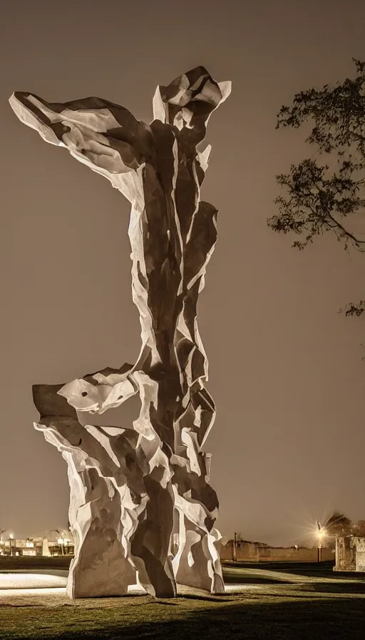 Image similar to to fathom hell or soar angelic, just take a pinch of psychedelic - colossal minimalistic sculptural installation collaboration by anthony caro and antony gormley, reimagined by future artists on a distant planet, in the distant future, taken in the night