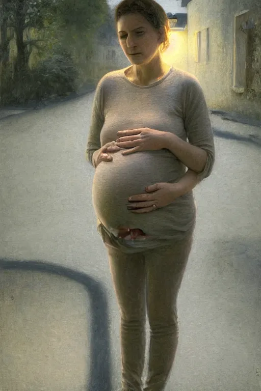 Image similar to pregnant woman under street light, jeans and sweater, by Alyssa Monks, Bouguereau