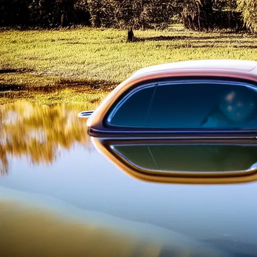 Prompt: reflection in water if a car