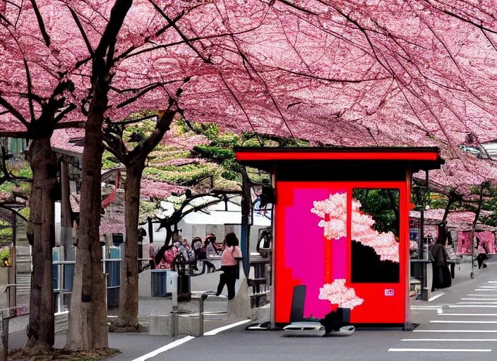 Image similar to a bus stop in kyoto where cherry blossoms bloom a warm pink color pixel art.