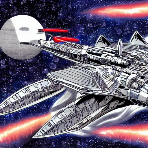 Prompt: a stunning digital manga drawing of a monumental galactic space ship by yusuke murata