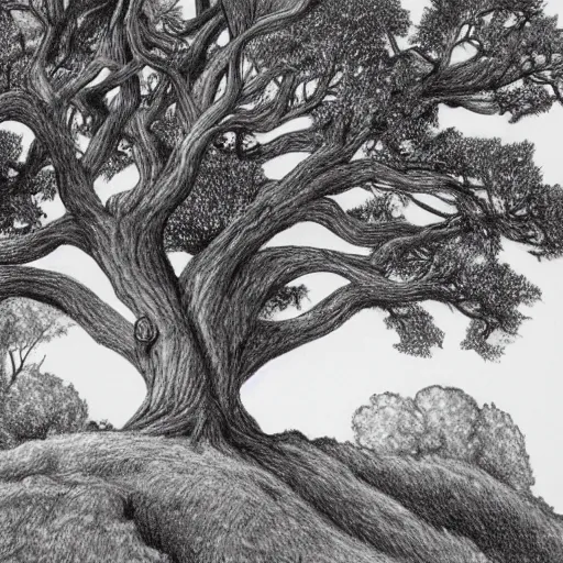 Image similar to oak tree on a hill, pencil drawing, detailed, landscape view