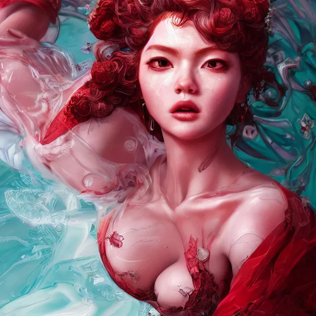 Image similar to portrait of a red gem ruby personified as an absurdly beautiful, elegant, young hypercolorful sensual gravure idol, ultrafine hyperrealistic detailed face illustration by kim jung gi, irakli nadar, intricate linework, sharp focus, bright colors, matte, octopath traveler, final fantasy, unreal engine highly rendered, global illumination, radiant light, intricate environment