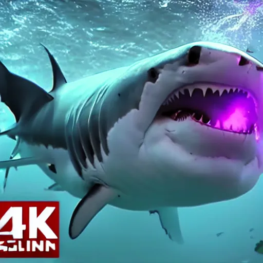 Image similar to a great white shark shooting purple lasers out of its eyes, realistic. 4 k. highly detailed