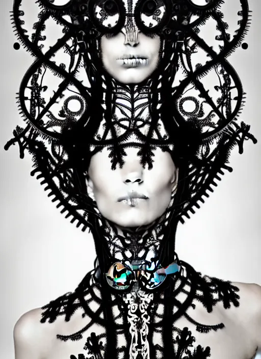 Image similar to surreal black and white photo portrait of complex bio-mechanical beautiful young female vegetal-cyborg with a Mandelbrot fractal steampunk metal fine lace face, a very long neck and a fine metal floral foliage super big lace collar by Alexander McQueen:: high fashion, haute couture, rococo, steampunk, silver filigree details, anatomical, facial muscles, cable wires, microchip, elegant, dreamy, foggy, hyper realistic, 150 mm lens, soft rim light, octane render, unreal engine, picture was taken in 1910 by Dora Maar, volumetric lighting, dramatic light,8k,