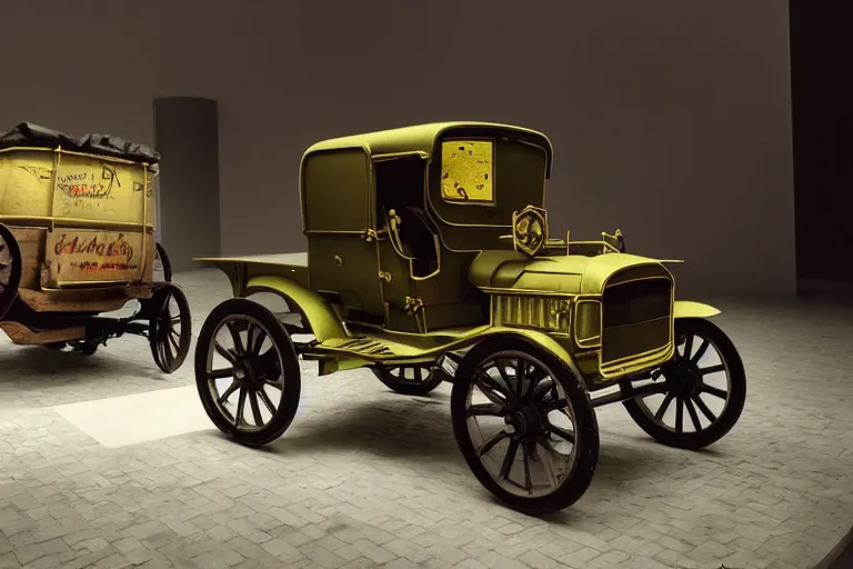 Image similar to cyberpunk 1 9 0 8 model ford t, volumetric lighting, in a museum, museum exhibit, museum lighting, 9 0 s film photo