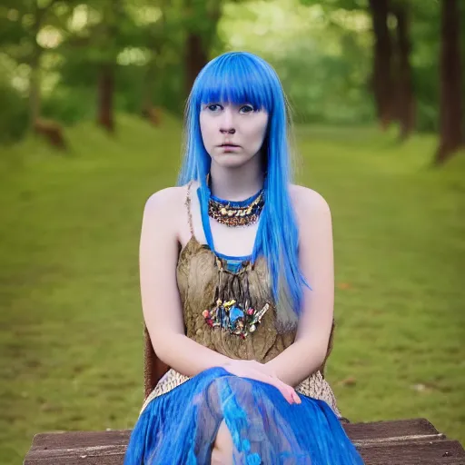 Image similar to dslr photo of a pretty young woman, full bodied portrait, with blue hair, sitting on a bench wearing a flower skirt, and body and wearing hemp sandals and a very detailed faerie necklace around neck, very high quality face, intricate details, extremely high quality, moody lighting, real camera, real photo 8 k, full subject in shot