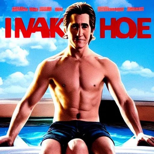 Image similar to a movie poster of Jake Gyllenhaal as patrick Swayze sitting in a hot tub in the movie Road House