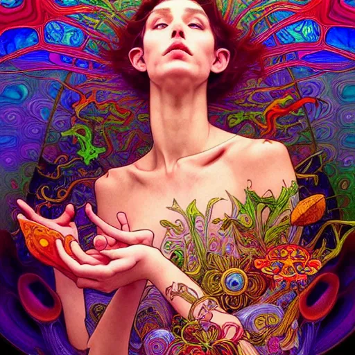 Image similar to An extremely psychedelic experience, reality bending, morphing, transforming, colorful, surreal, magic mushrooms, psilocybin, LSD, face, detailed, intricate, elegant, highly detailed, digital painting, artstation, concept art, smooth, sharp focus, illustration, art by Krenz Cushart and Artem Demura and alphonse mucha