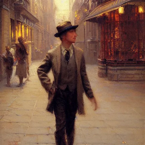 Prompt: detailed portrait of beautiful blonde boy magician walking down a city street, closed eyes, natural light, painting by gaston bussiere, craig mullins, j. c. leyendecker