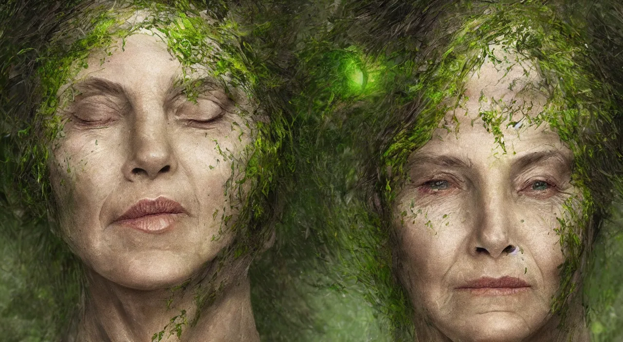 Prompt: Centered portrait of one single moss-covered 65 year-old Gaia goddess with a tear running down her cheek, highly-detailed, elegant, dramatic lighting, artstation, 4k