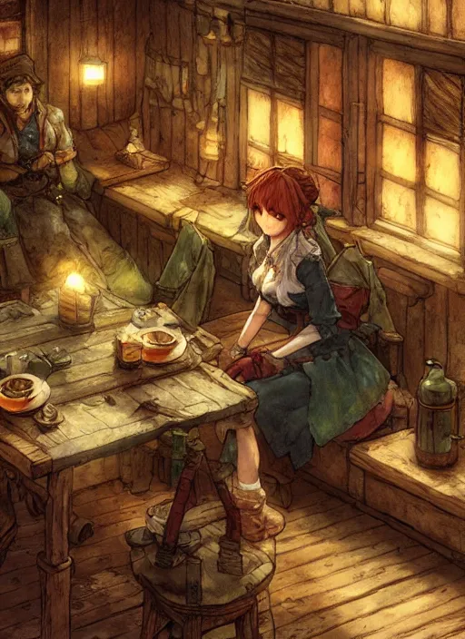 Prompt: the emerald herald sitting in a cozy tavern, hidari, color page, tankoban, 4K, tone mapping, Akihiko Yoshida.