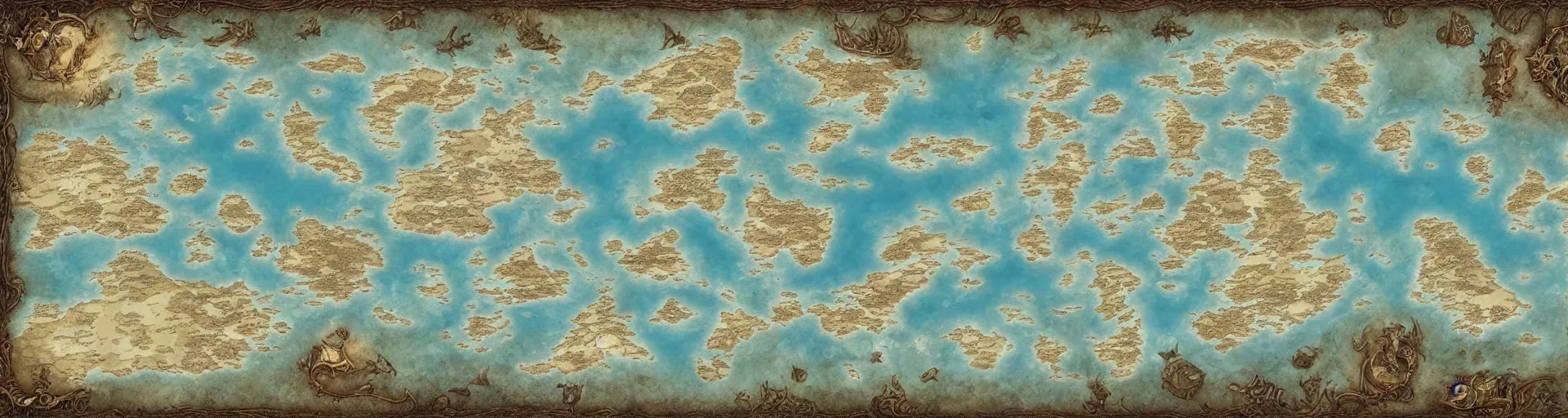 Image similar to fantasy world atlas in the style of an mmorpg world map, 7 0 % ocean, include tundra at the poles, extremely detailed, fantasy, no text, 4 k