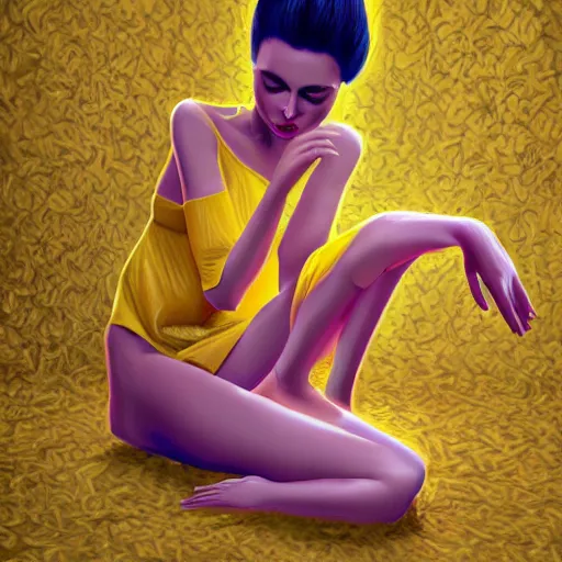 Image similar to a photo of a woman wearing a yellow dress with one leg exposed, the woman is barefoot, detailed body structure, detailed face with pink lips and blue eyes, digital art, highly detailed, high contrast, beautiful lighting, award winning, trending on art station, 8 k,