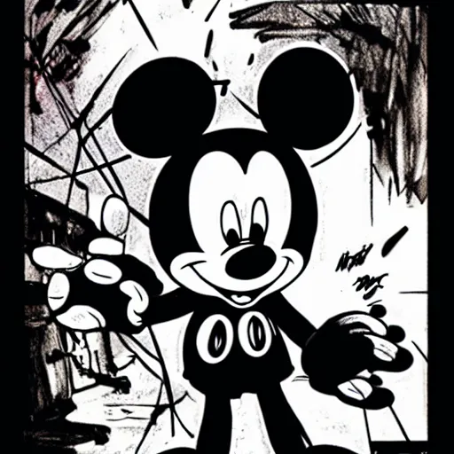 Image similar to Mickey Mouse with a malevolent smile, Yoji Shinkawa, Manga art, style of Ink