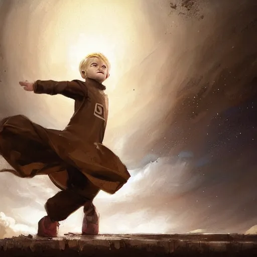 Image similar to blonde boy wearing a brown cape and flying in t pose, powerful, space background, oil painting, brush strokes, greg rutkowski