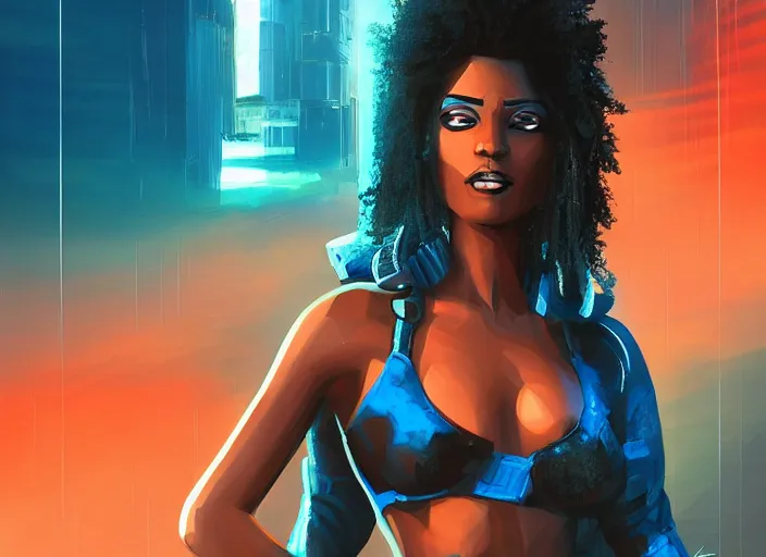 Prompt: garota negra com cabelo crespo, atmosfera cyberpunk, rio de janeiro pao de acucar no fundo, iluminacao roxa e azul, futurista, sci - fi city, digital art, trending on artstation