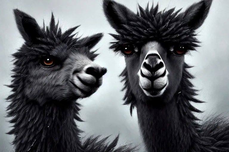 Prompt: highly detailed animal portrait of an emo alpaca, black eyeshadow, piercings, earrings, digital art made by makoto shinkai, lois van baarle, greg rutkowski and jakub rebelka, highly detailed, symmetrical, extremely coherent, smooth, shaped focus, dystopian gray forest background, skull