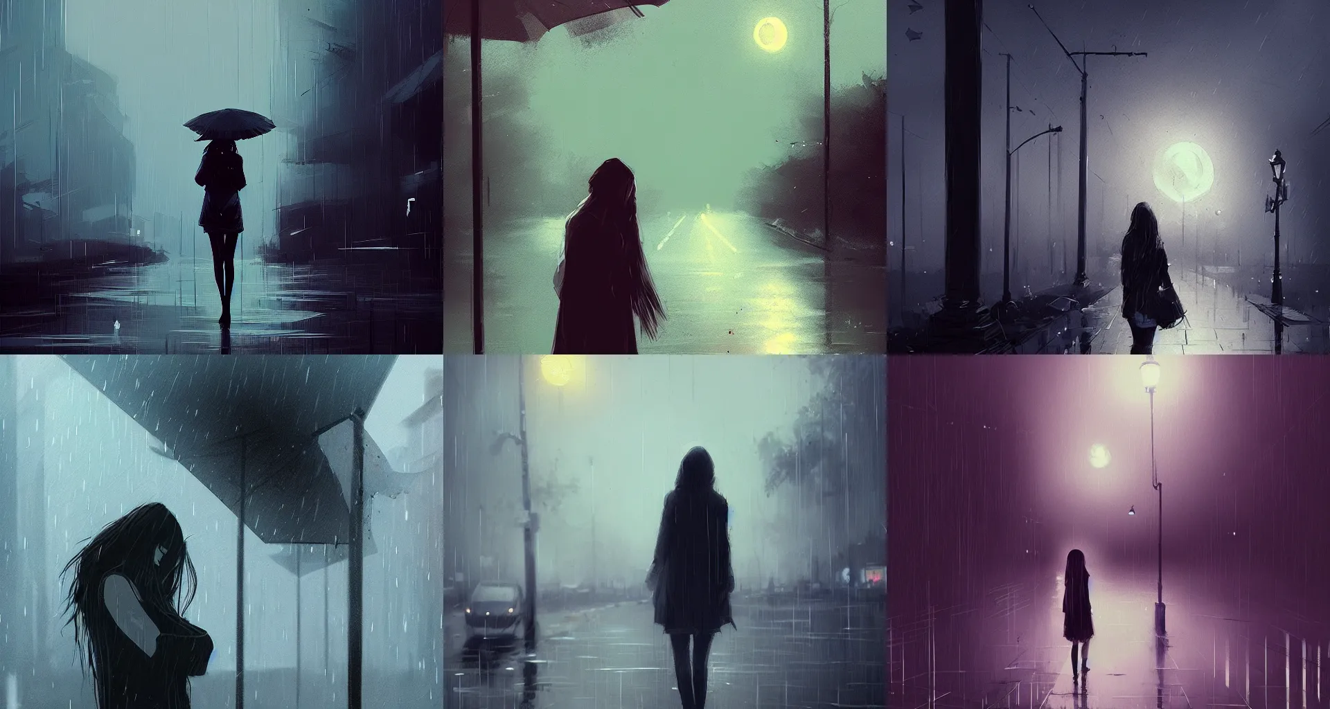 Prompt: woman weeping in the rain, ismail inceoglu, artgerm, alena aenami, moonlight, noir, artstation, cinematic