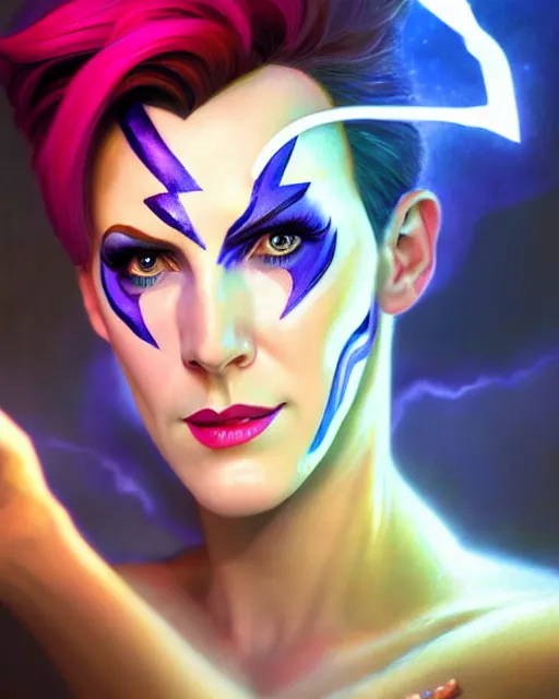 Image similar to moira from overwatch, lightning bolt face paint, character portrait, portrait, close up, highly detailed, intricate detail, amazing detail, sharp focus, vintage fantasy art, vintage sci - fi art, radiant light, caustics, by boris vallejo