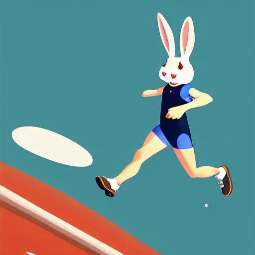 Prompt: goro fujita ilustration of a smiling happy rabbit in running clothes in an olympic stadium, painting by goro fujita, sharp focus, highly detailed, artstation