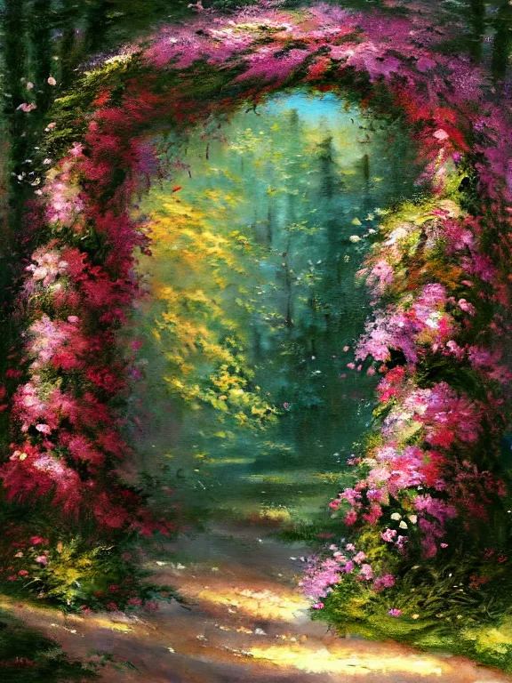 Prompt: an oil painting of a floral archway in the woods by Thomas Kinkade, by Ferdinand Knabhyperreal 4k artstation