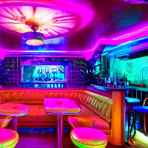 Image similar to architectural digest photo, inside dark and moody crowded futuristic neon tiki bar inside a yacht, tropical plants, blue lighting with small pastel orange and pink accent lights, crowd of cool people dancing