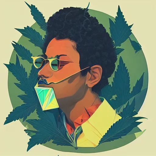 Image similar to profile picture of smoking marijuana by sachin teng, organic painting, marijuana, hiphop, hard edges, energetic, 3 d shapes, asymmetrical, smoke, warm, inviting, highly detailed masterpiece by sachin teng x supreme