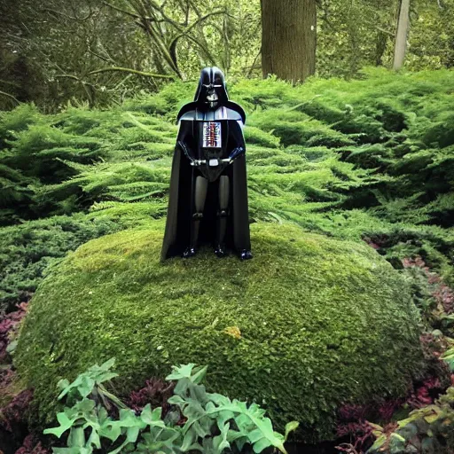 Prompt: Darth Vader covered in ivy and moss, in an overgrown garden