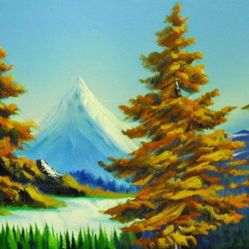 Image similar to Bob-Ross-Style-Landscape-Painting of a huge mountain and pine trees