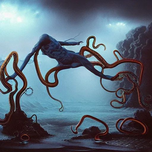 Image similar to An amorphic being with tentacles of liquid reflective copper and chrome emerges from the dark surreal ether, mist amidst lightning, high contrast lighting, backlit by Michael Whelan