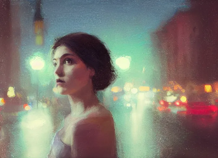 Image similar to detailed portrait of a woman with green eyes in the city street at night, bokeh, long exposure, painting by jeremy lipking christopher doyle