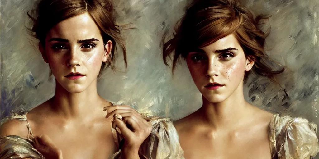 Image similar to emma watson frowning detailed portrait painting by gaston bussiere craig mullins j. c. leyendecker photograph by richard avedon peter lindbergh annie leibovitz