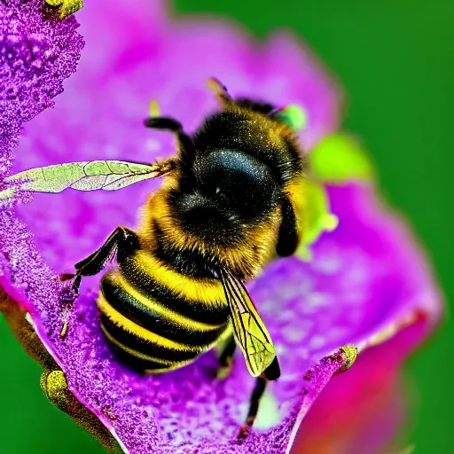 Image similar to macro photography of a bee landing on the pollen covered nose of a dog. bokeh. contest winning photography. 4 k. hyper - realistic