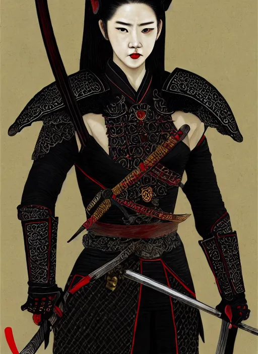 Image similar to full portrait of female vampire jinyiwei wearing black heavy armor and pointed helmet, stern, agile, elegant, imposing, jinyiwei, embroidered uniform guard, secret agent, detective, chinese armor, historical armor, pointed helmet, katana, nodachi, japanese sword, ming dynasty, detailed, realistic face, anatomically accurate, fantasy art.