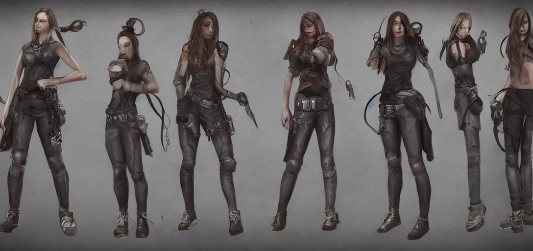 Image similar to character sheet concept art of female video game characters, renaissance, parkour, rebel, realistic, hyper realistic, photographic, costume