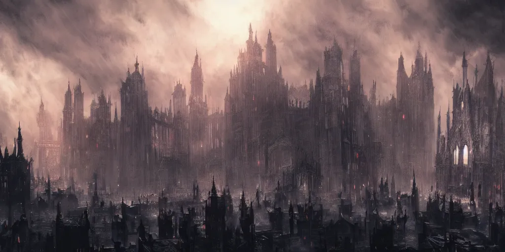 a huge crowded megacity in the style of bloodborne, | Stable Diffusion