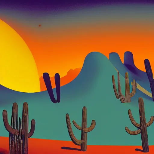 Image similar to sunset in the desert, animated film, stylised, illustration, by eyvind earle, scott wills, genndy tartakovski