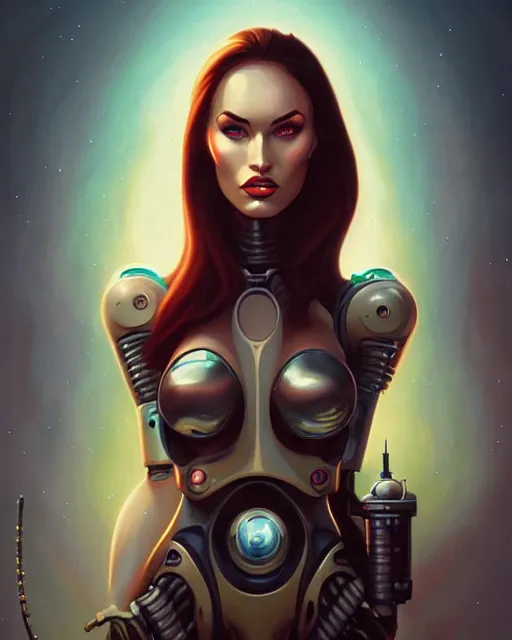 Prompt: robot Megan Fox portrait, stylized machine beauty, by peter mohrbacher, anato finnstark