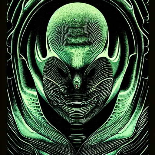 Prompt: portrait top light, by killian eng and joe fenton and h r giger, inspired by alien movie 1 9 7 9, green duotone print, etching, fine, sharp high detail,