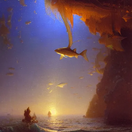 Image similar to point of view of deep in the ocean looking up, you see fishes, higher up you see very clearly the milk way illuminating the sea down bellow, night time. highly detailed painting by gaston bussiere, greg rutkowski 8 k