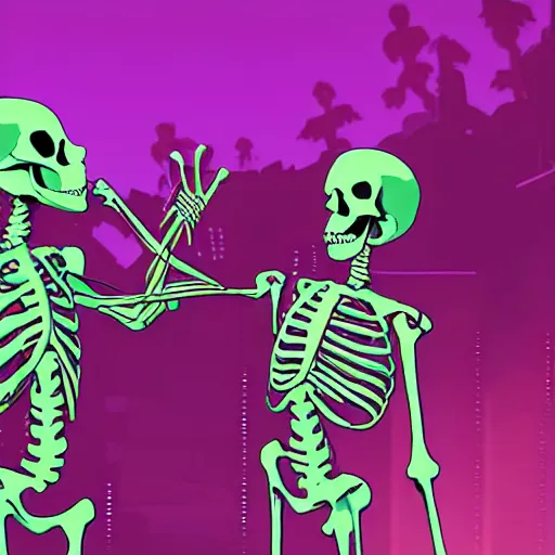 Prompt: a skeleton yelling at his teammate over xbox live, vivid, detailed, outrun, synthwave, vaporwave