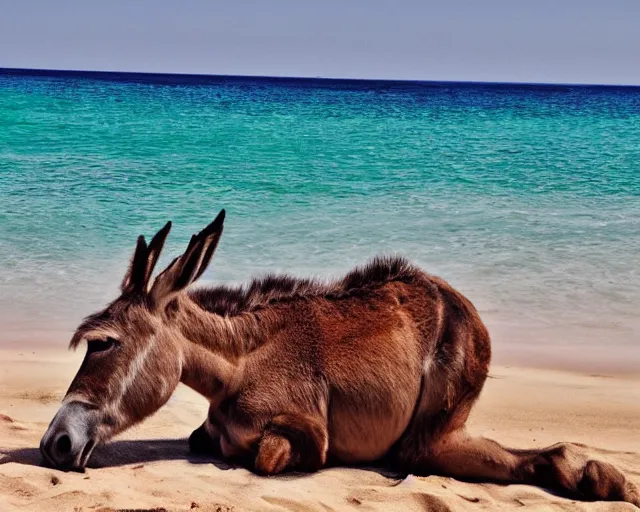 Prompt: realistic photo of a donkey sunbathing at the beach