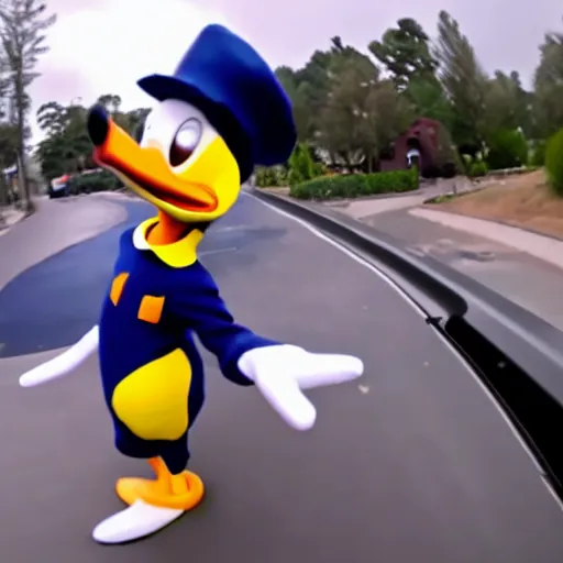 Prompt: Donald duck stealing a car, dash cam footage, wide angle lens