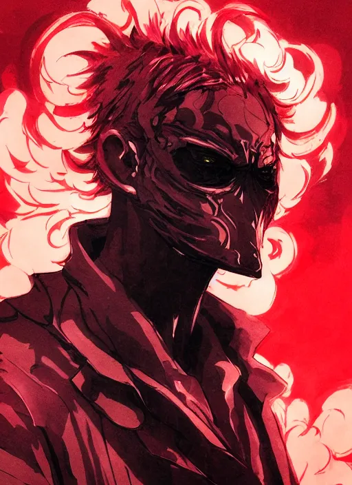 Image similar to half body portrait of an evil deity, a man in black mask and black rugged long trench coat made of smoke, red aura. in style of yoji shinkawa and hyung - tae kim, trending on artstation, dark fantasy, great composition, concept art, highly detailed, dynamic pose.